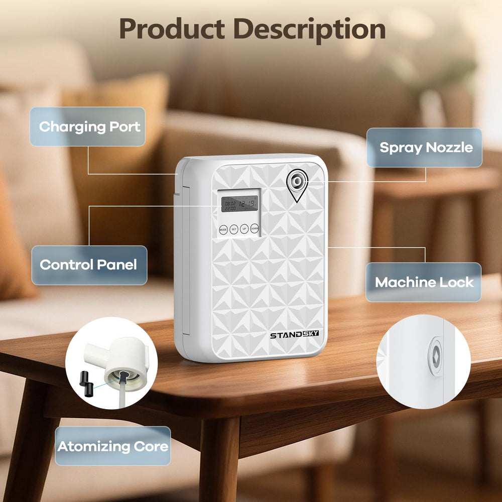 StandSky waterless diffuser aroma-diffusion particle visualization illustrates even scent spread.