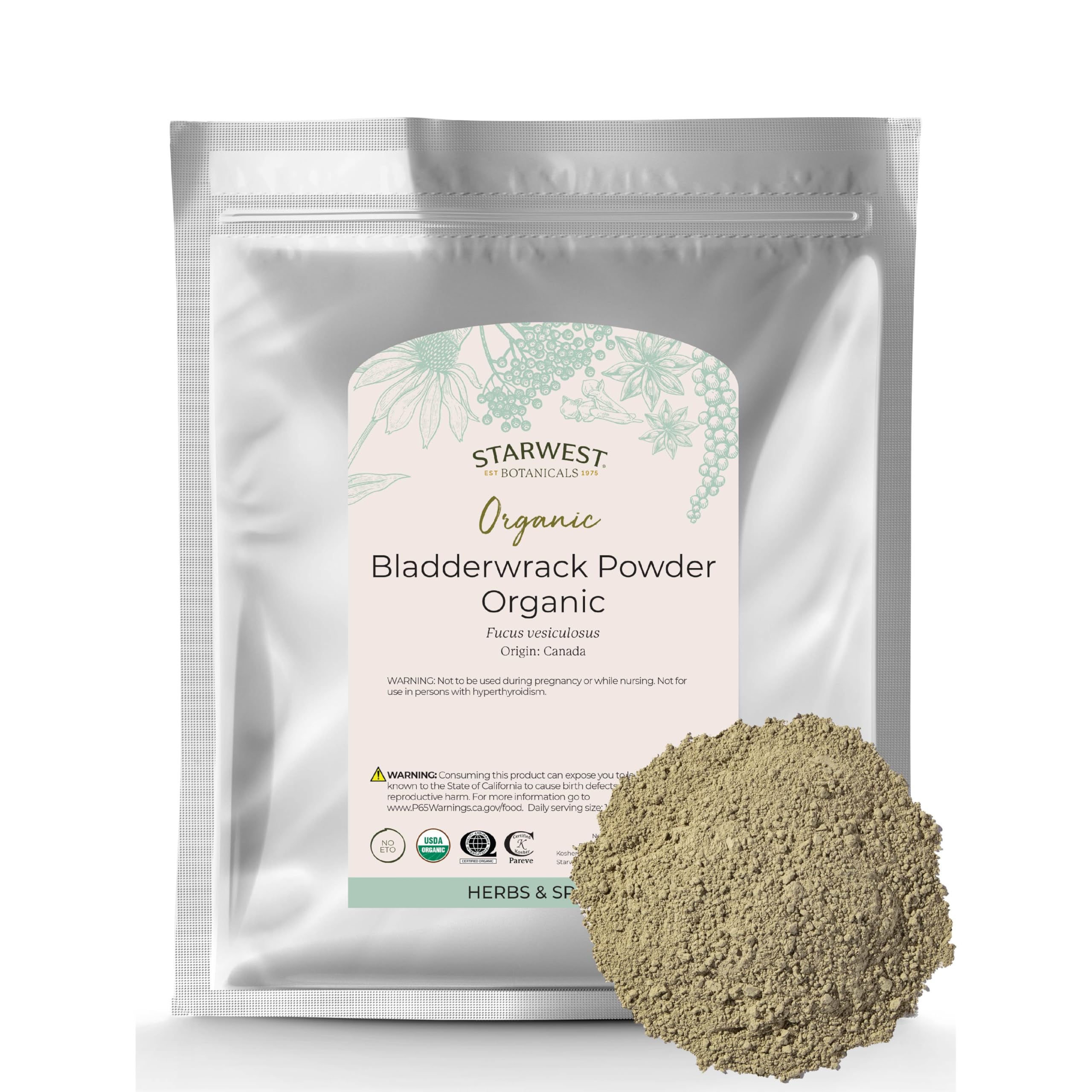 Starwest bladderwrack powder bag, mineral-rich seaweed for savory flavor.