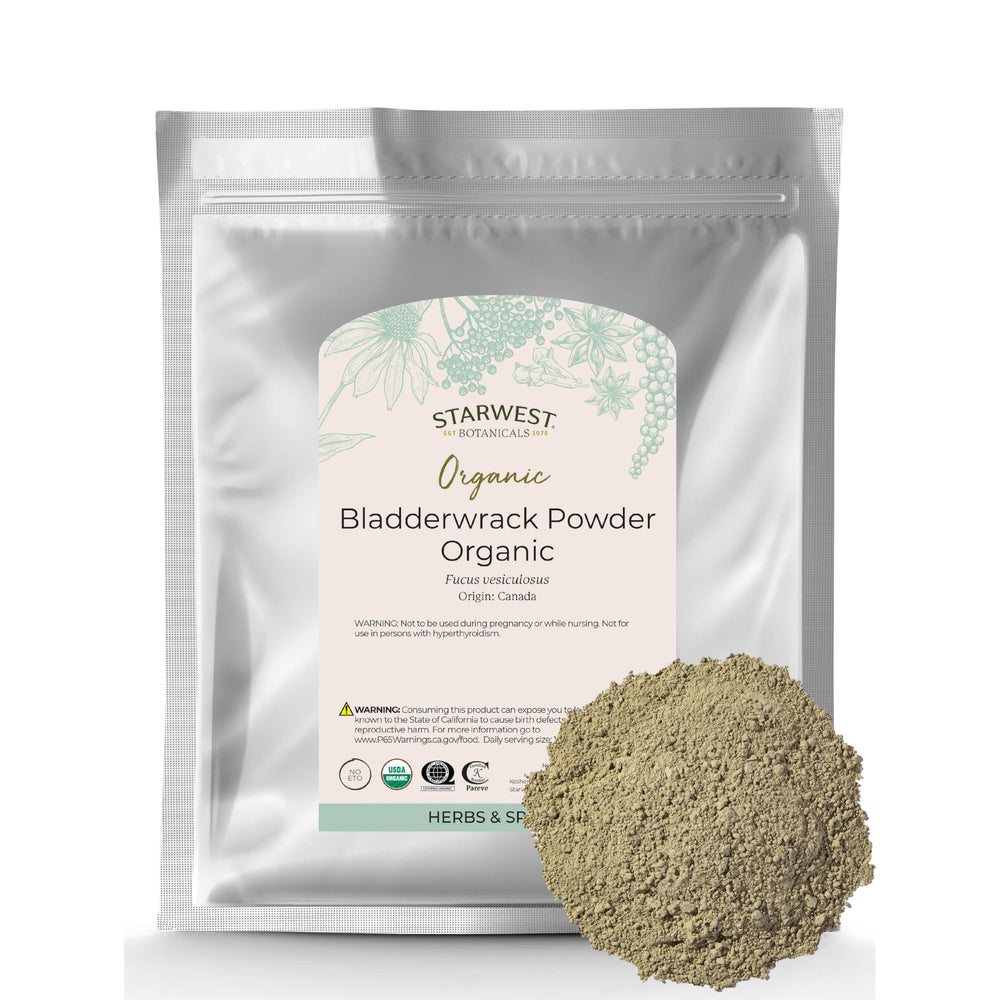 Starwest bladderwrack powder bag, mineral-rich seaweed for savory flavor.