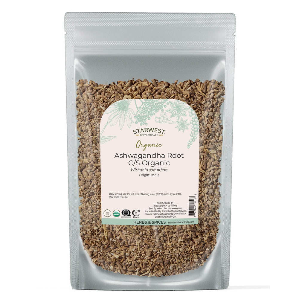 Starwest Botanicals ashwagandha root in a sealed pouch for premium storage.