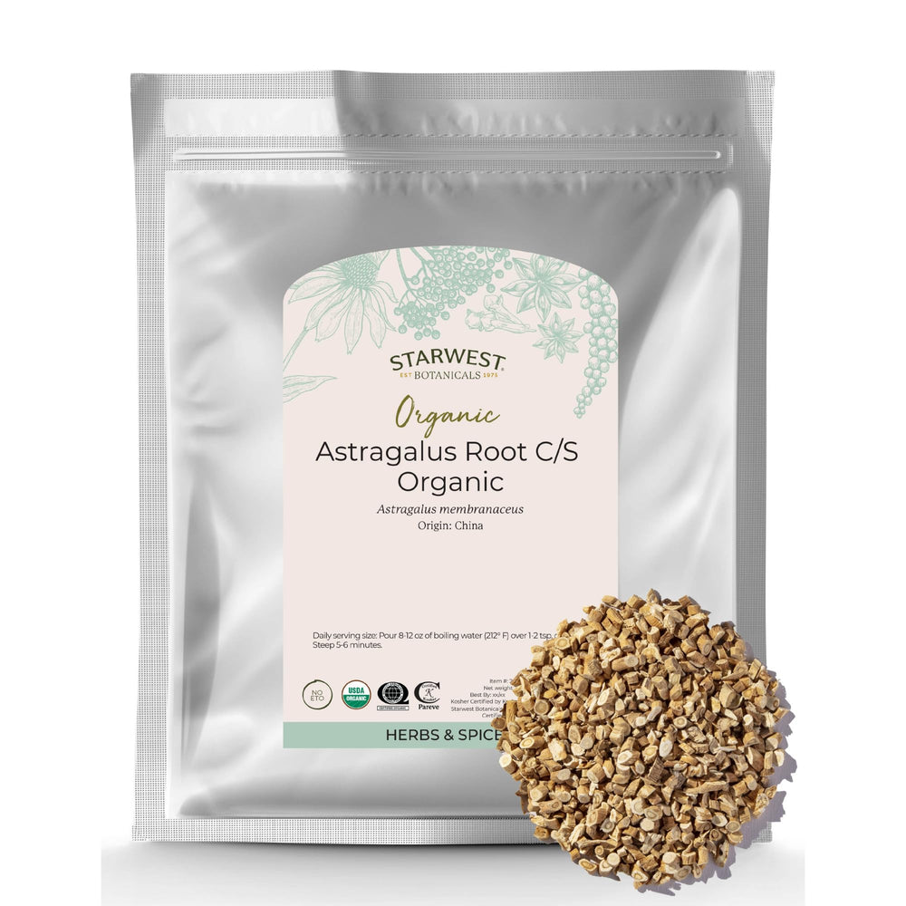 Starwest Botanicals astragalus root, dried and cut-sifted for easy tea infusion.
