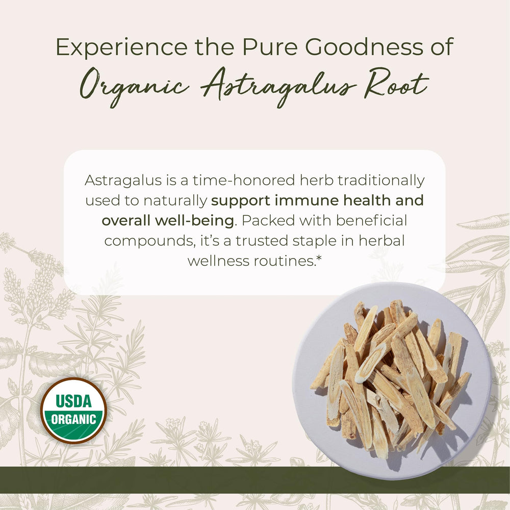 Starwest Botanicals Astragalus root tea in cup highlighting mild earthy aroma.