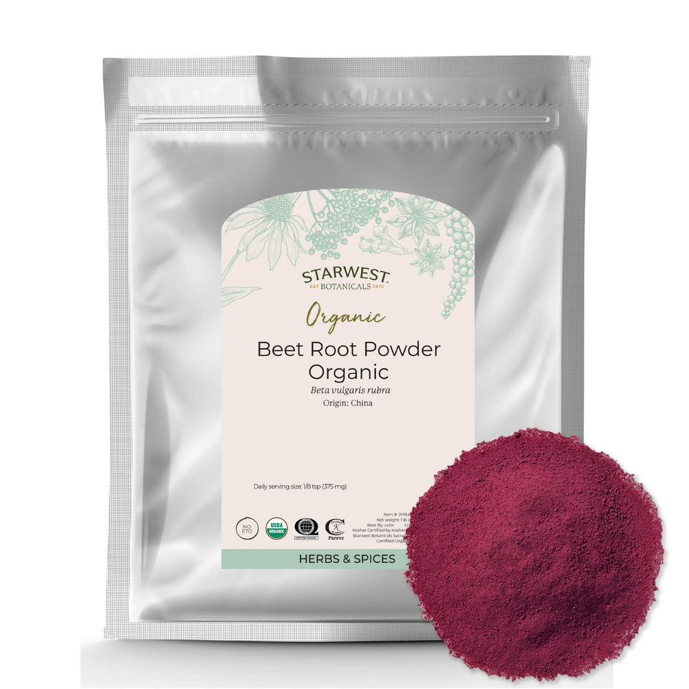 Starwest Botanicals beet root powder bag front—ideal for juices, smoothies, and tea.