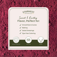 Starwest Botanicals beet root powder in a smoothie, showing rich earthy color.