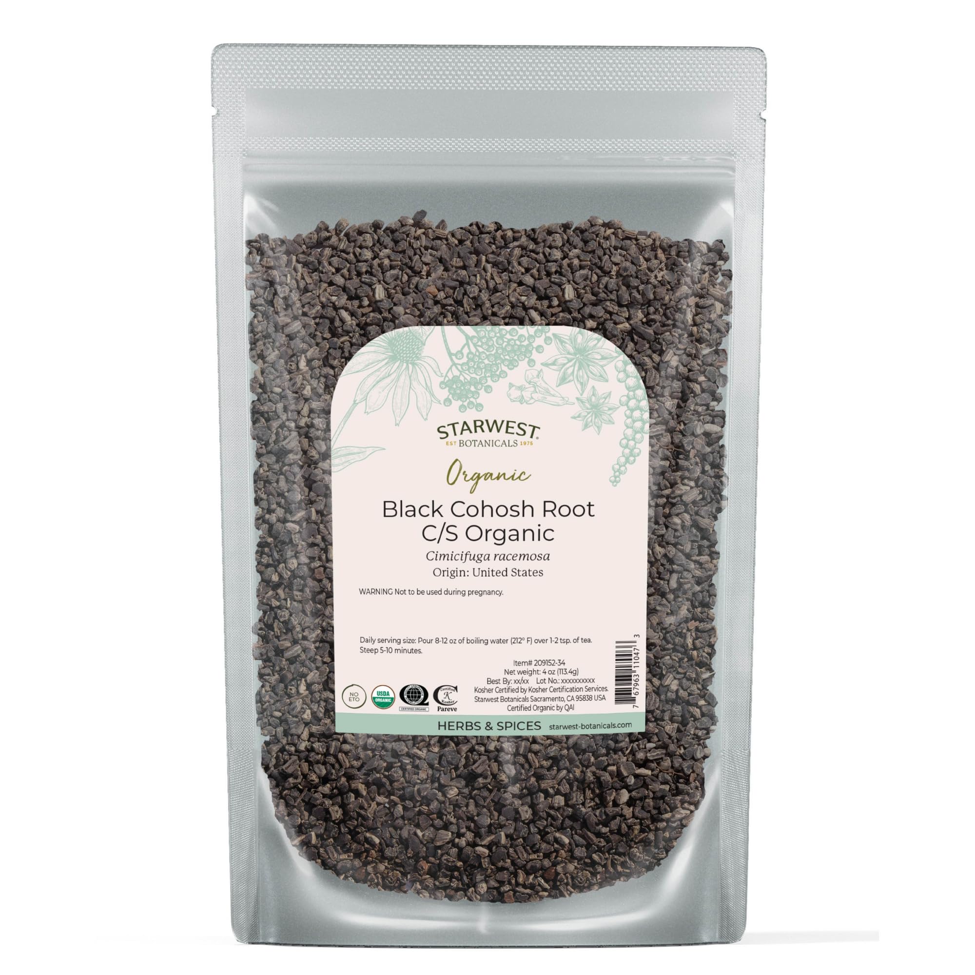Starwest Botanicals Black Cohosh root cut and sifted in a bag for tea blends.