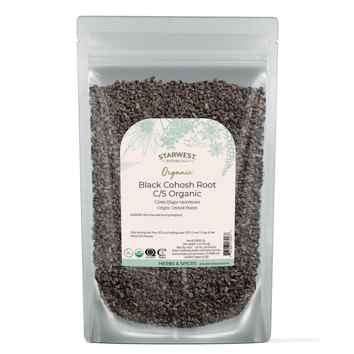 Starwest Botanicals Black Cohosh root cut and sifted in a bag for tea blends.