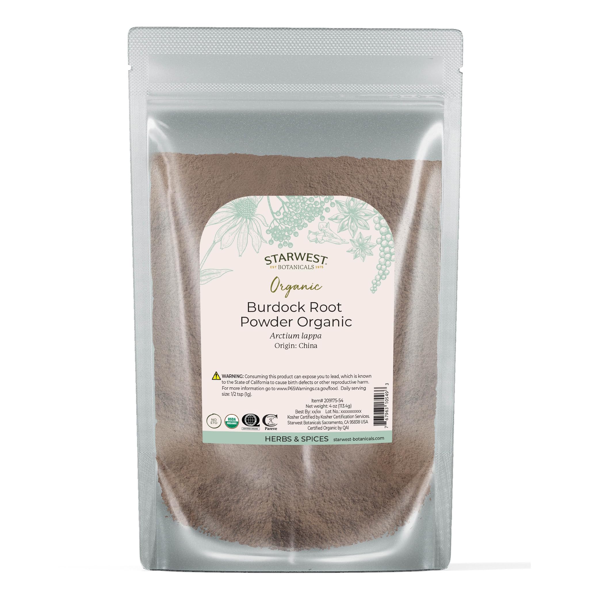 Starwest Botanicals burdock root powder in a 4 oz pouch, ideal for tea blends.