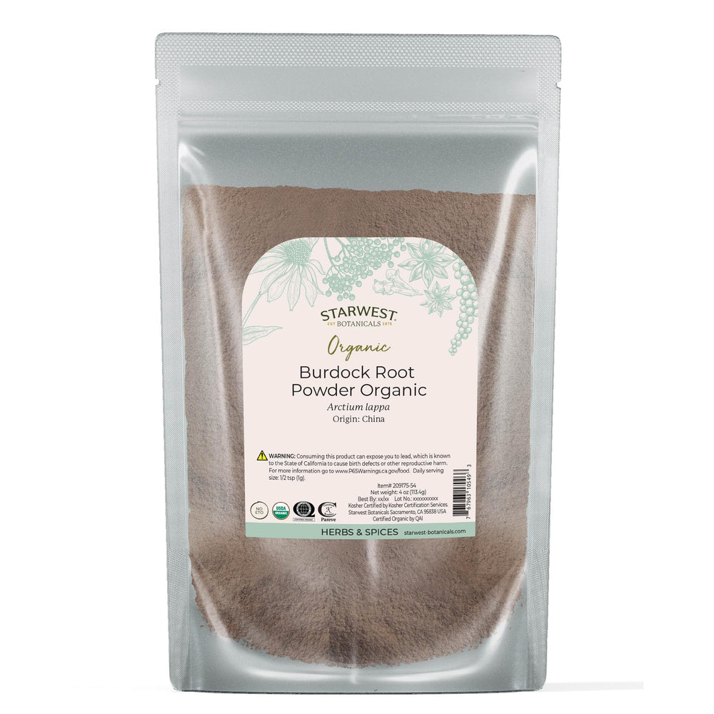 Starwest Botanicals burdock root powder in a 4 oz pouch, ideal for tea blends.
