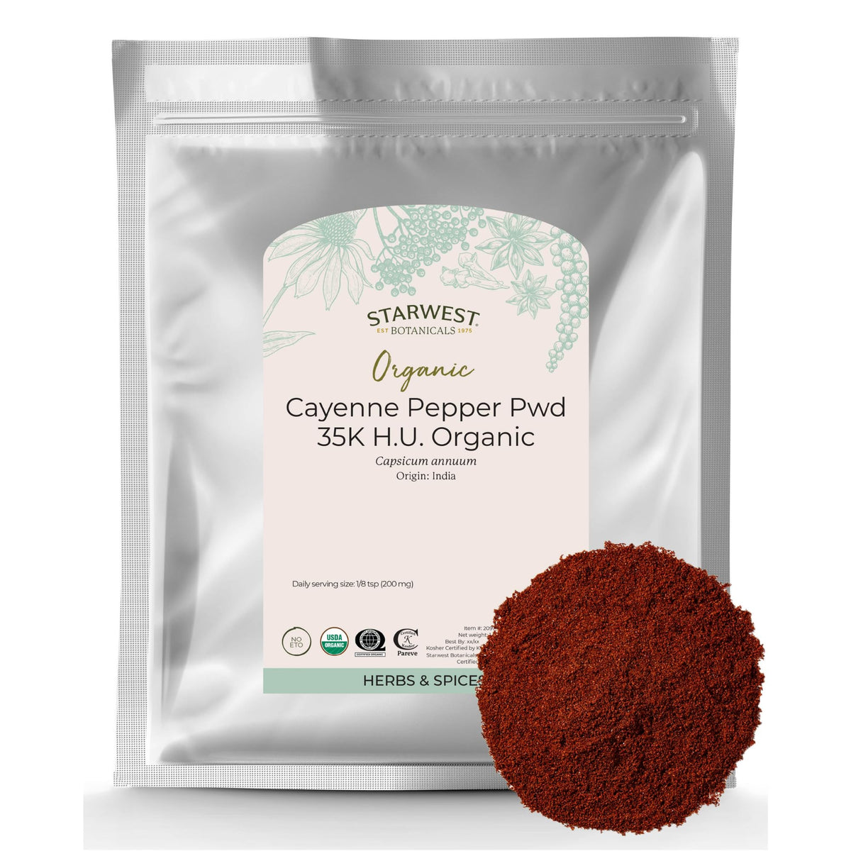 Starwest Botanicals Cayenne Pepper Powder in a jar, adding heat to recipes.