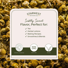 Starwest Botanicals chamomile close-up reveals gentle aroma and golden hues.