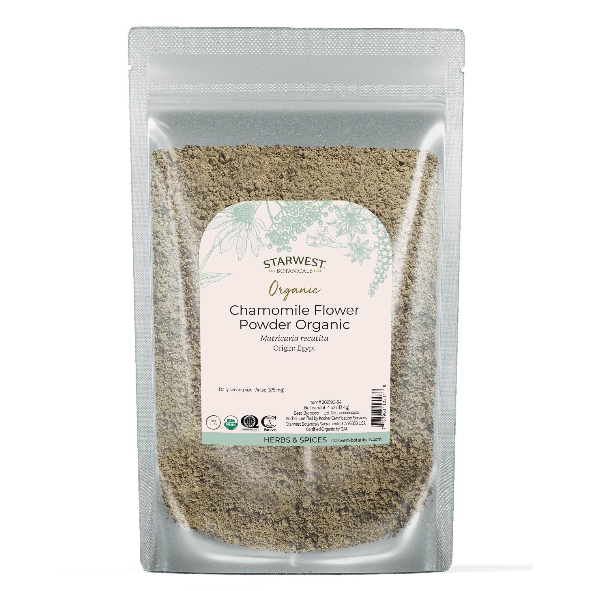 Starwest Botanicals chamomile powder pouch shows resealable packaging for freshness and easy storage.