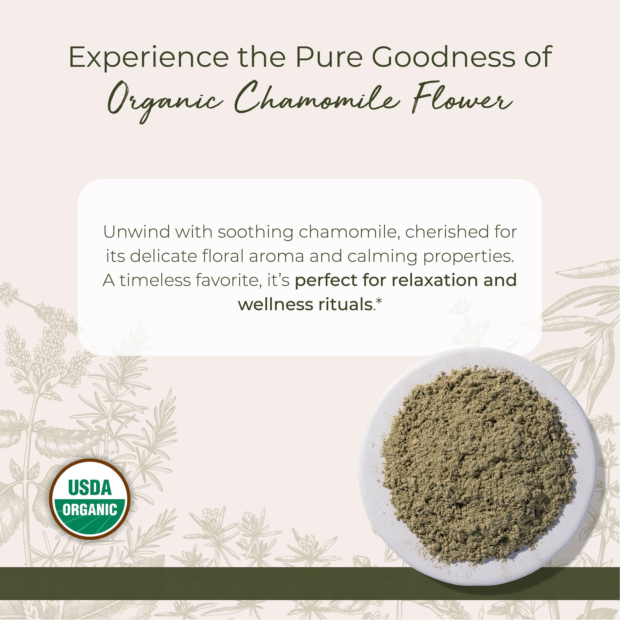 Starwest Botanicals chamomile powder tea infusion highlights floral aroma for soothing beverages.