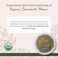 Starwest Botanicals chamomile powder tea infusion highlights floral aroma for soothing beverages.