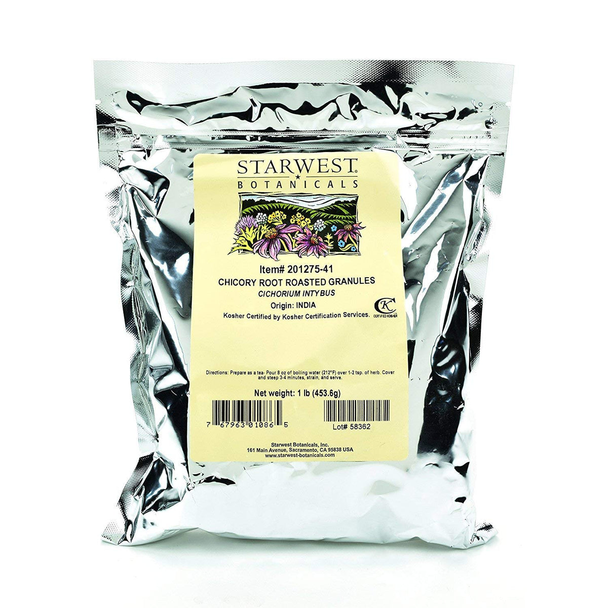 Starwest Botanicals chicory root roasted granules bag showing rich, coffee-like flavor base.