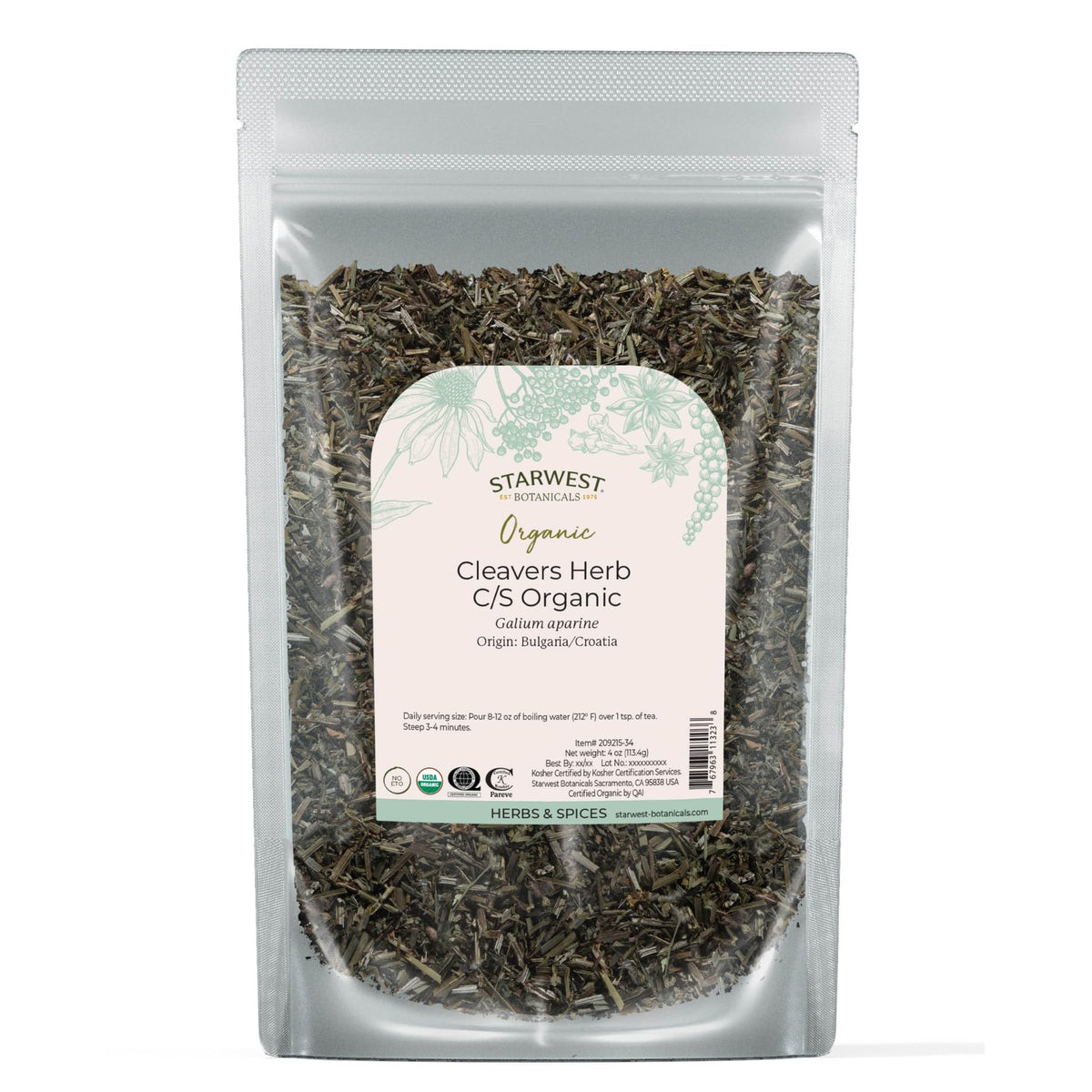 Starwest Botanicals Cleavers Herb dried leaf for tea and blends with a bright grassy aroma