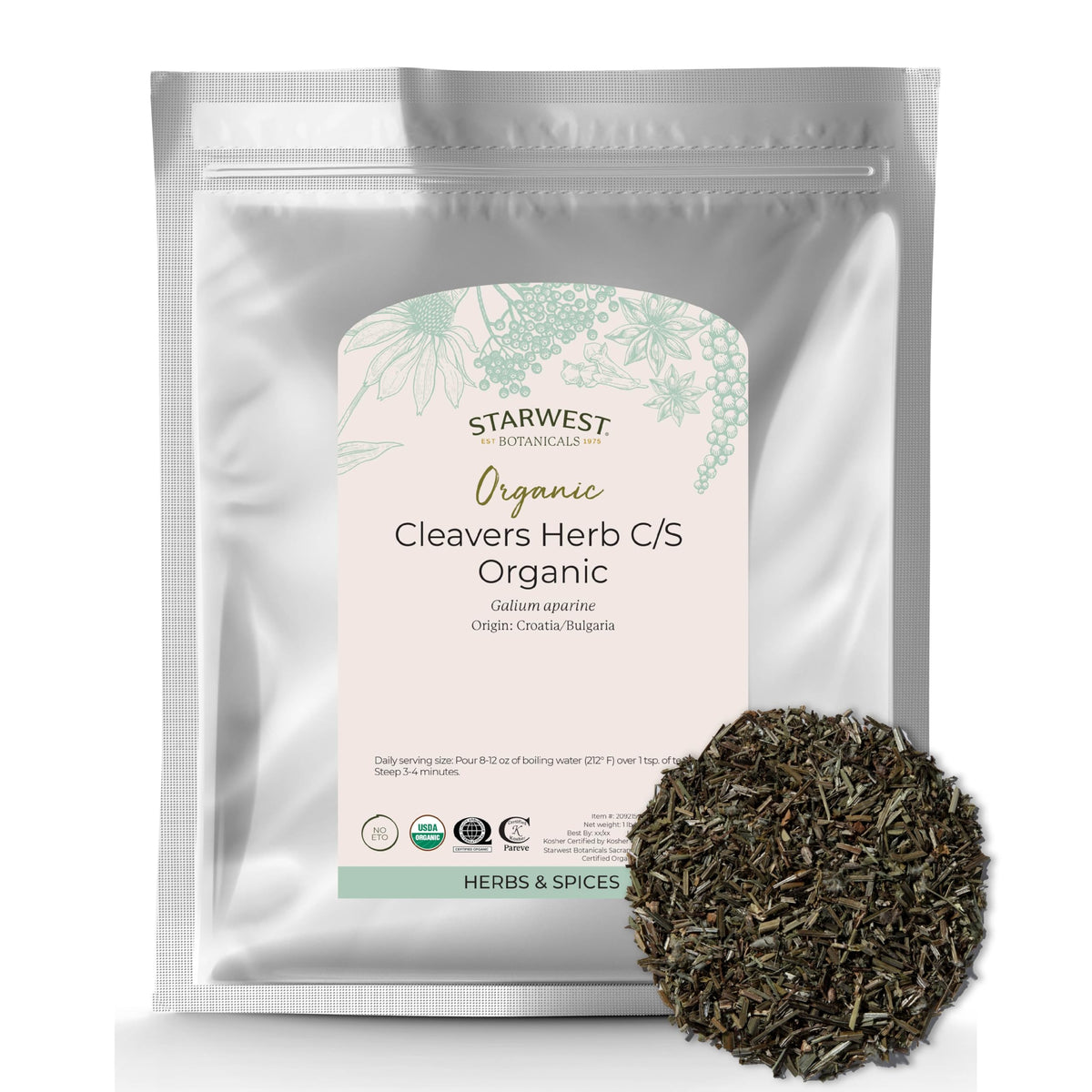 Starwest Botanicals Cleavers Herb Organic dried leaf for tea and blends.