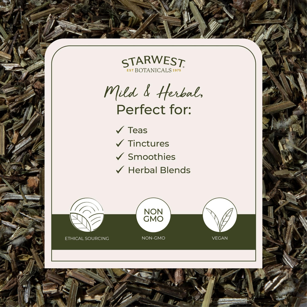 Starwest Botanicals Cleavers Herb organic tea infusion with grassy brightness.