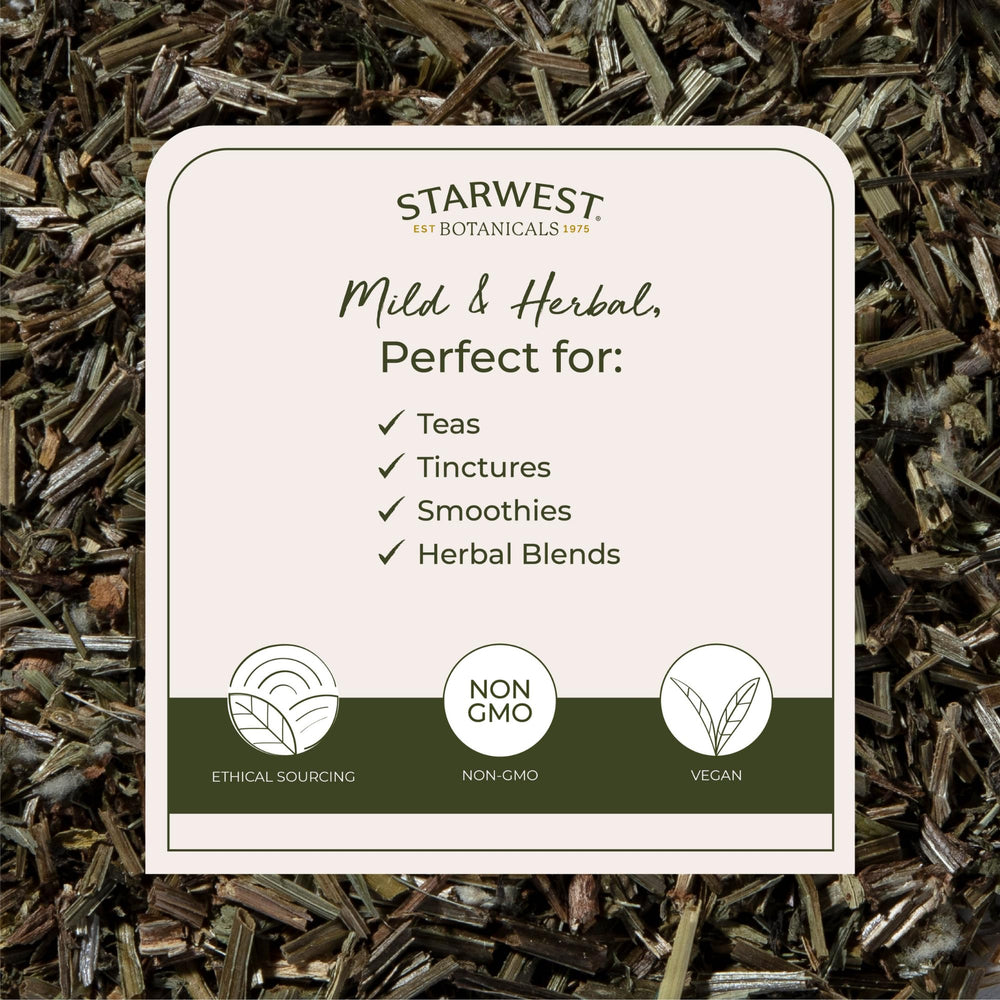 Starwest Botanicals Cleavers Herb in cup, elevating herbal tea with fresh aroma