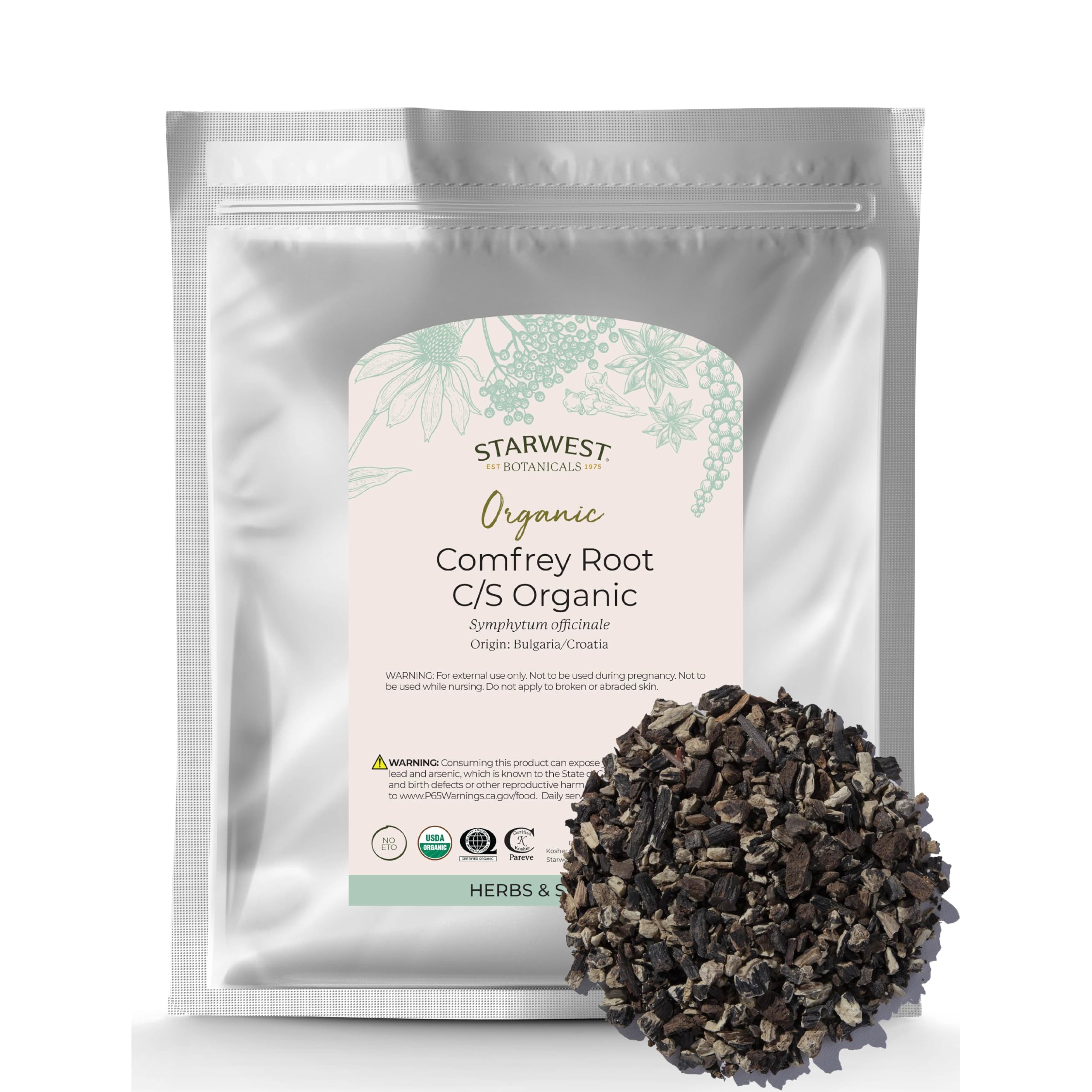 Starwest Botanicals comfrey root in a bag for DIY skincare and topical preparations.