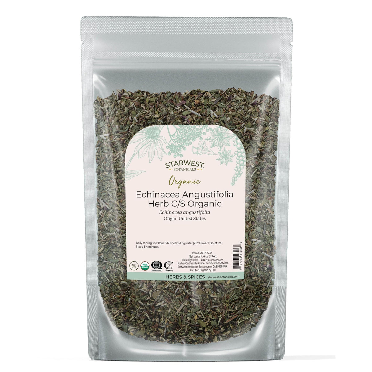 Starwest Botanicals Echinacea Angustifolia dried leaf for soothing tea infusions.