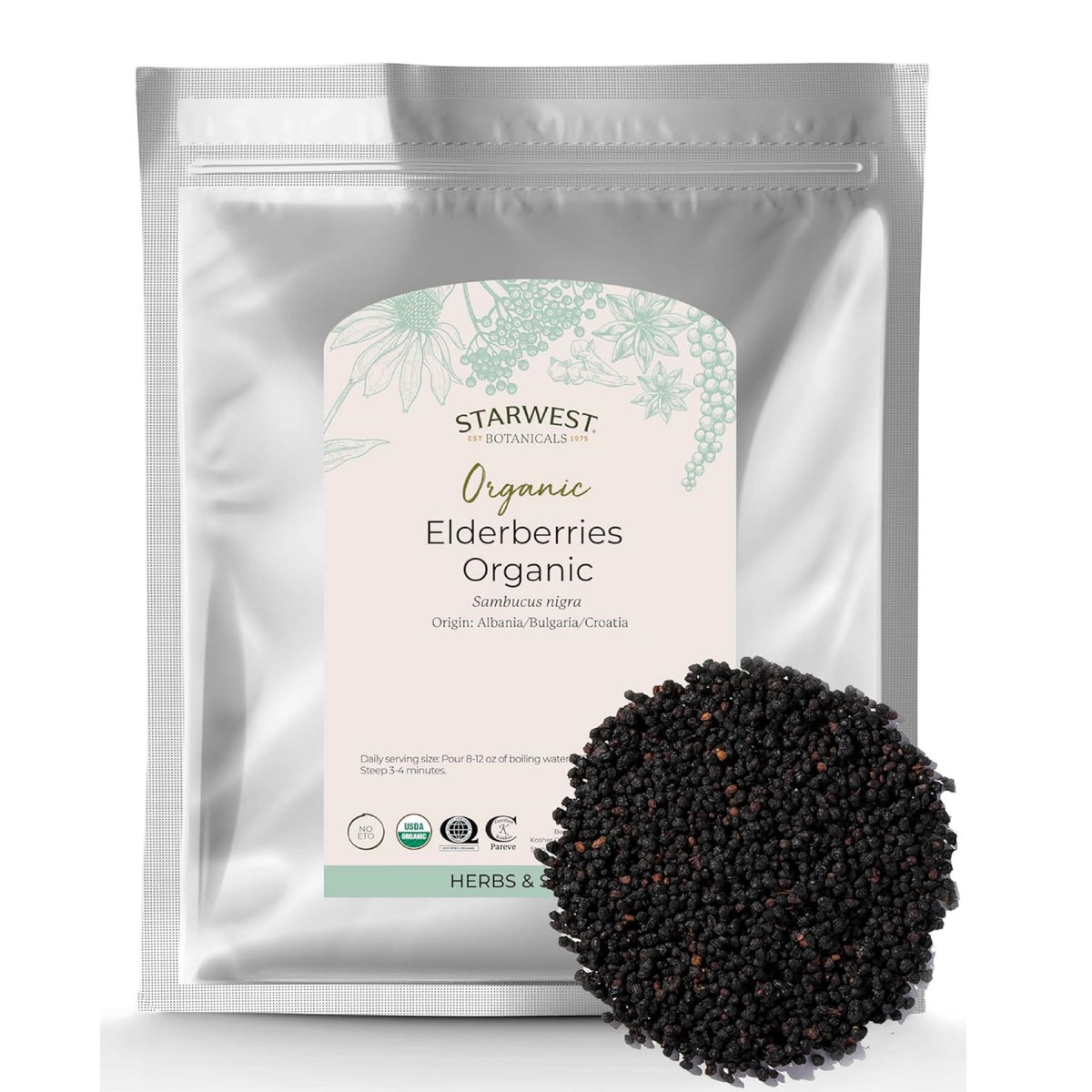 Starwest Botanicals organic elderberries in a 1 lb bag for tea and jam.