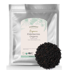 Starwest Botanicals organic elderberries in a 1 lb bag for tea and jam.