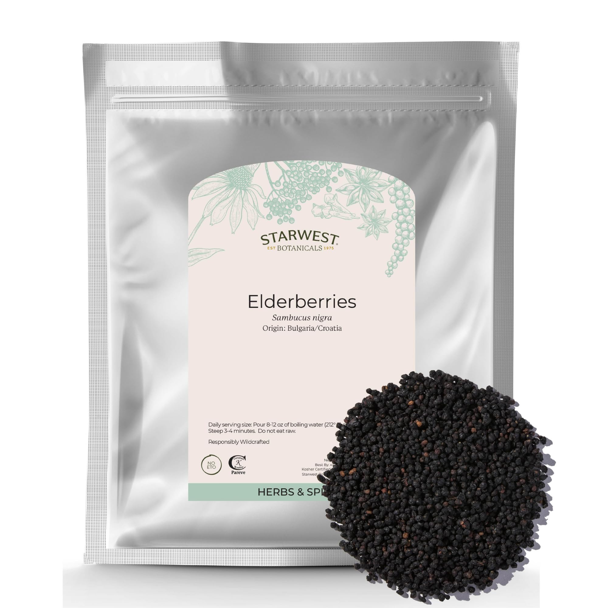 Starwest Botanicals elderberries dried bulk pack for syrups and teas.