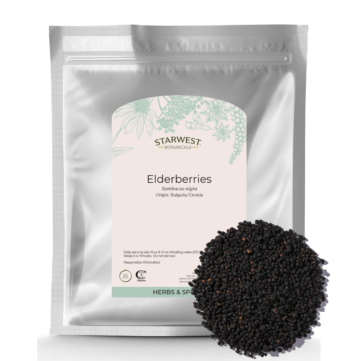 Starwest Botanicals elderberries dried bulk pack for syrups and teas.