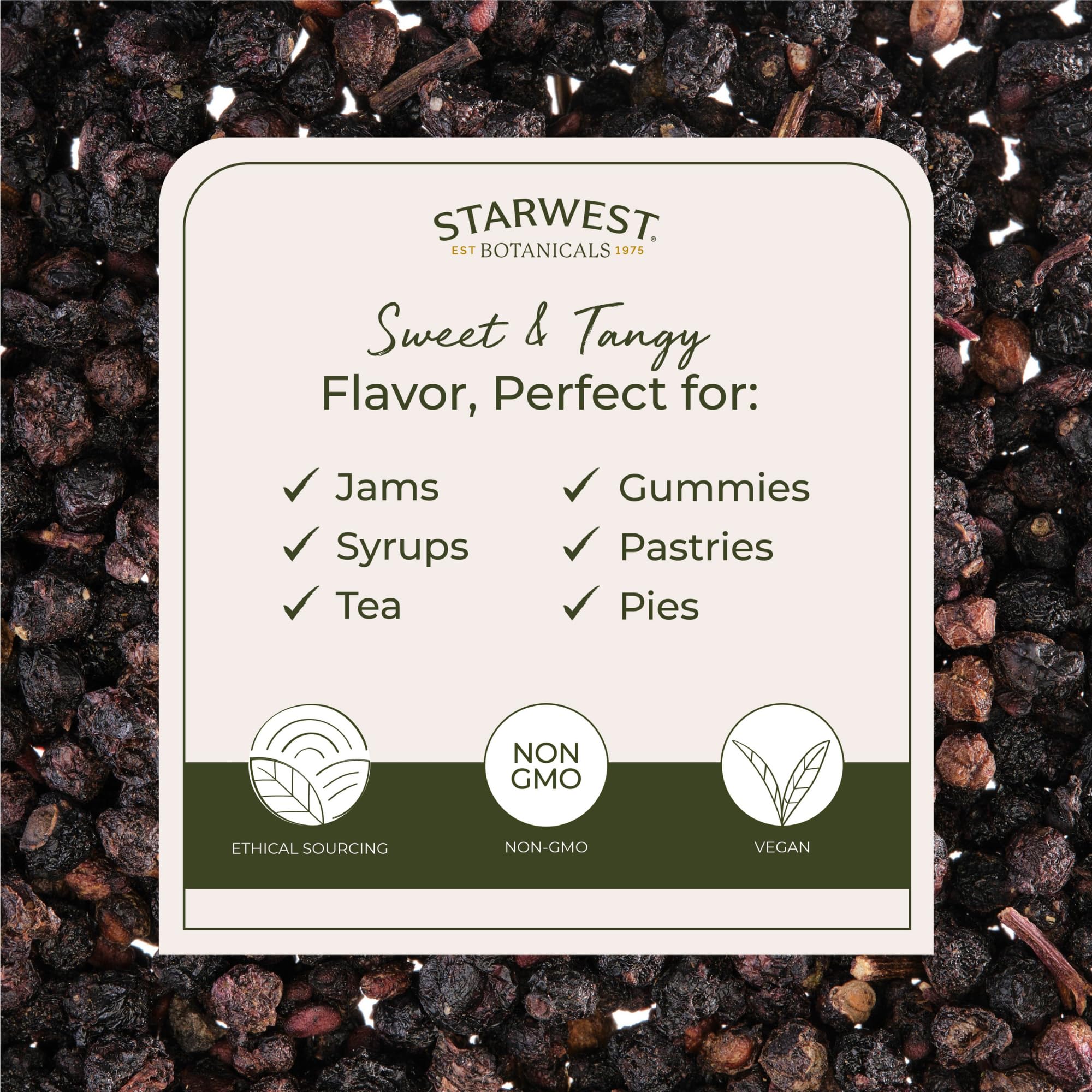 Starwest Botanicals elderberries for tea infusion with a bright tart flavor.
