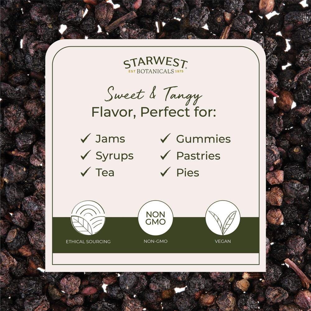Starwest Botanicals elderberries for tea infusion with a bright tart flavor.