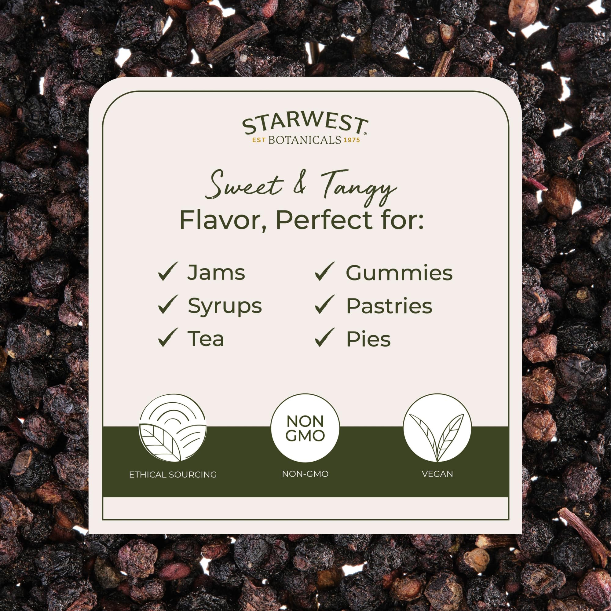 Starwest Botanicals elderberries for tea brewing, adding tart flavor to hot or cold drinks.