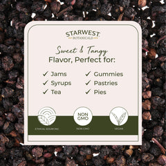Starwest Botanicals elderberries for tea brewing, adding tart flavor to hot or cold drinks.