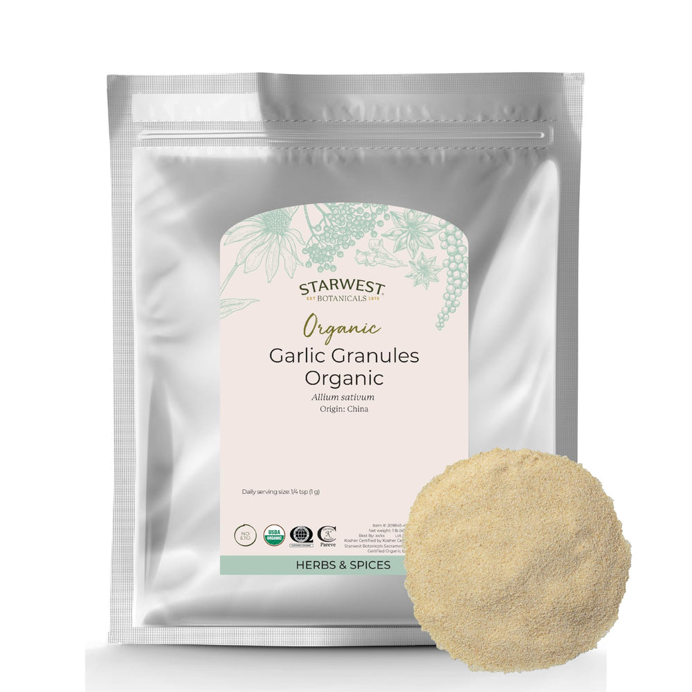 Starwest Botanicals garlic granules bag front, convenient bulk seasoning for everyday cooking.