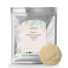 Starwest Botanicals garlic granules bag front, convenient bulk seasoning for everyday cooking.