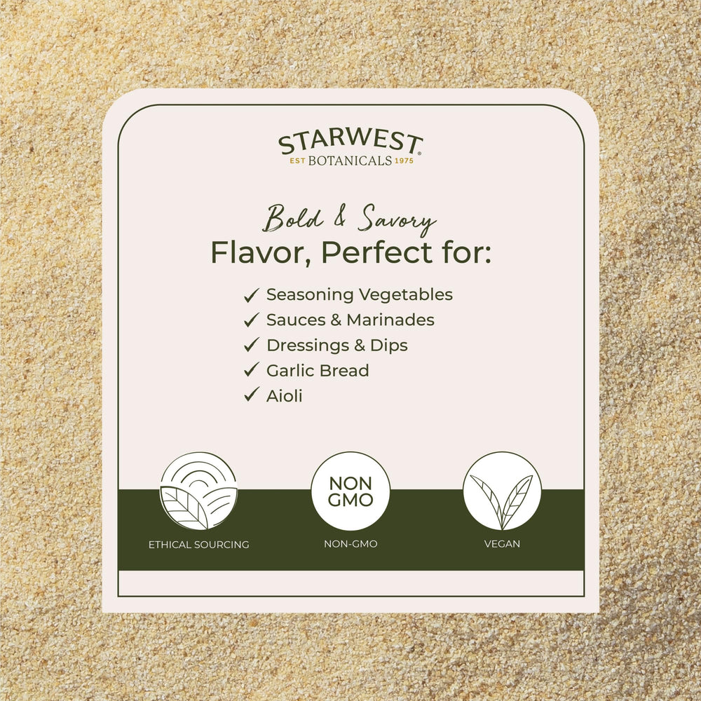Starwest Botanicals garlic granules dried texture, versatile spice for rubs and soups.
