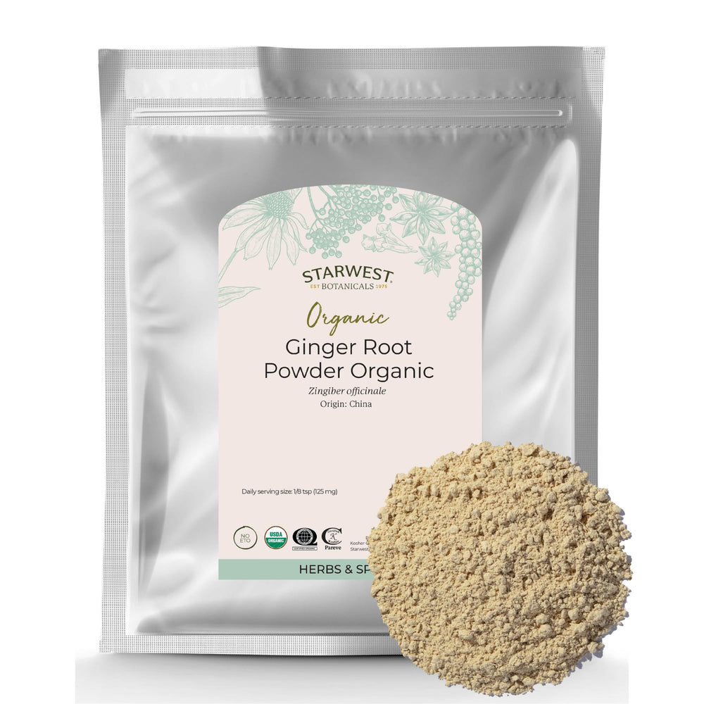 Starwest Botanicals ginger root powder bulk in a 1 lb bag ready for tea and cooking