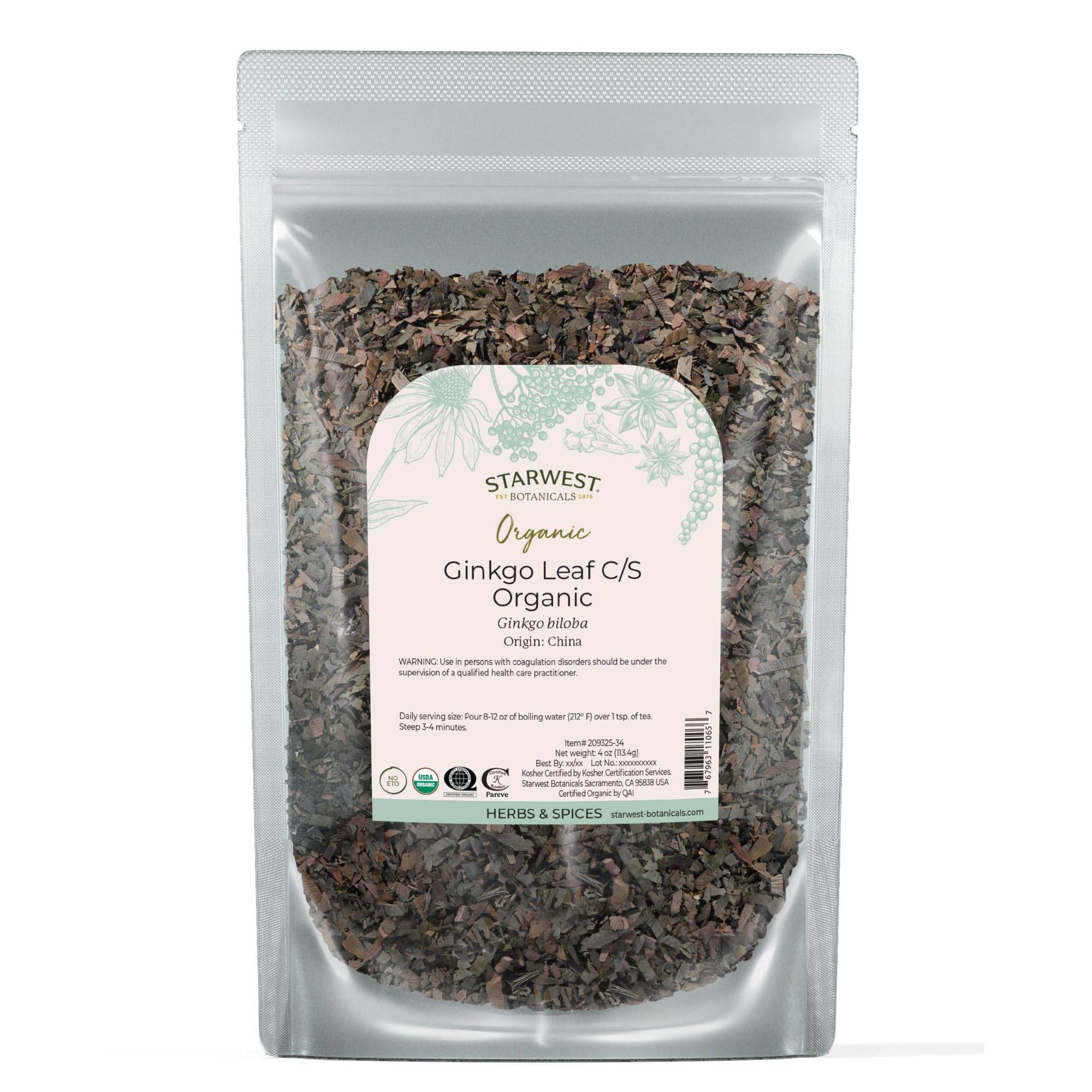 Starwest Botanicals ginkgo leaf cut-sifted texture for tea infusions