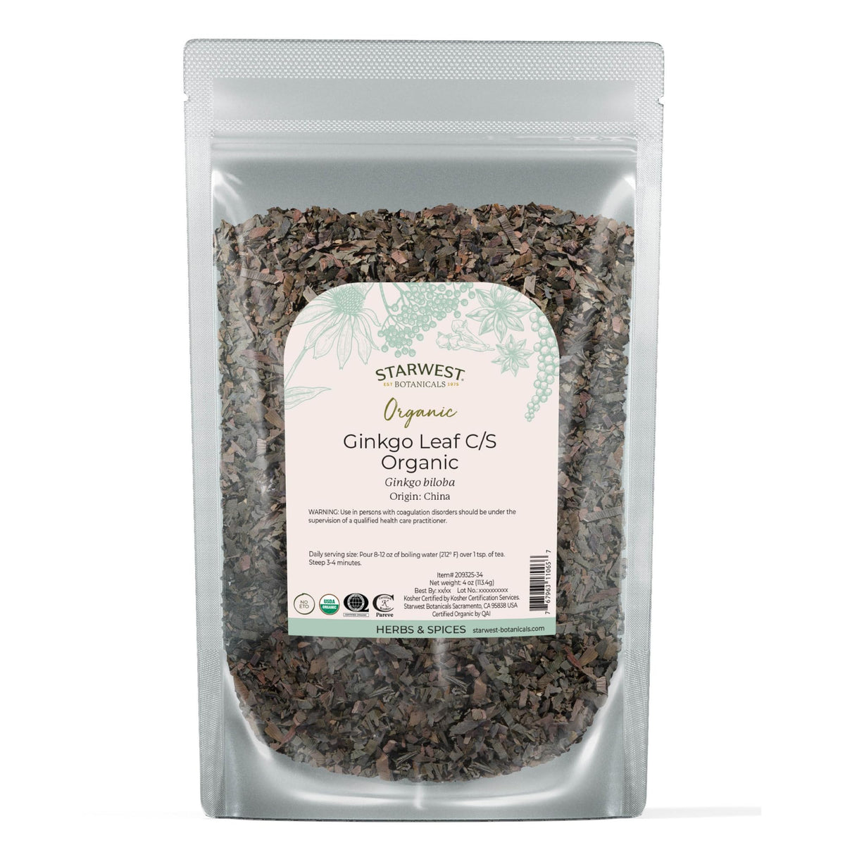 Starwest Botanicals ginkgo leaf cut-sifted texture for tea infusions