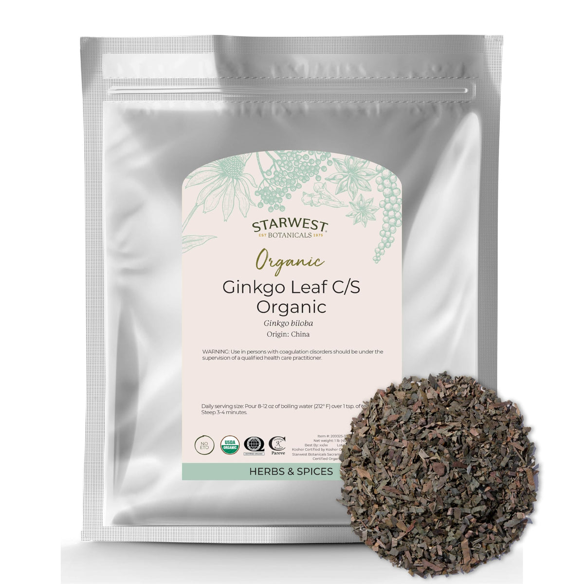 Starwest Botanicals ginkgo leaf dried loose leaf for teas and seasonings.