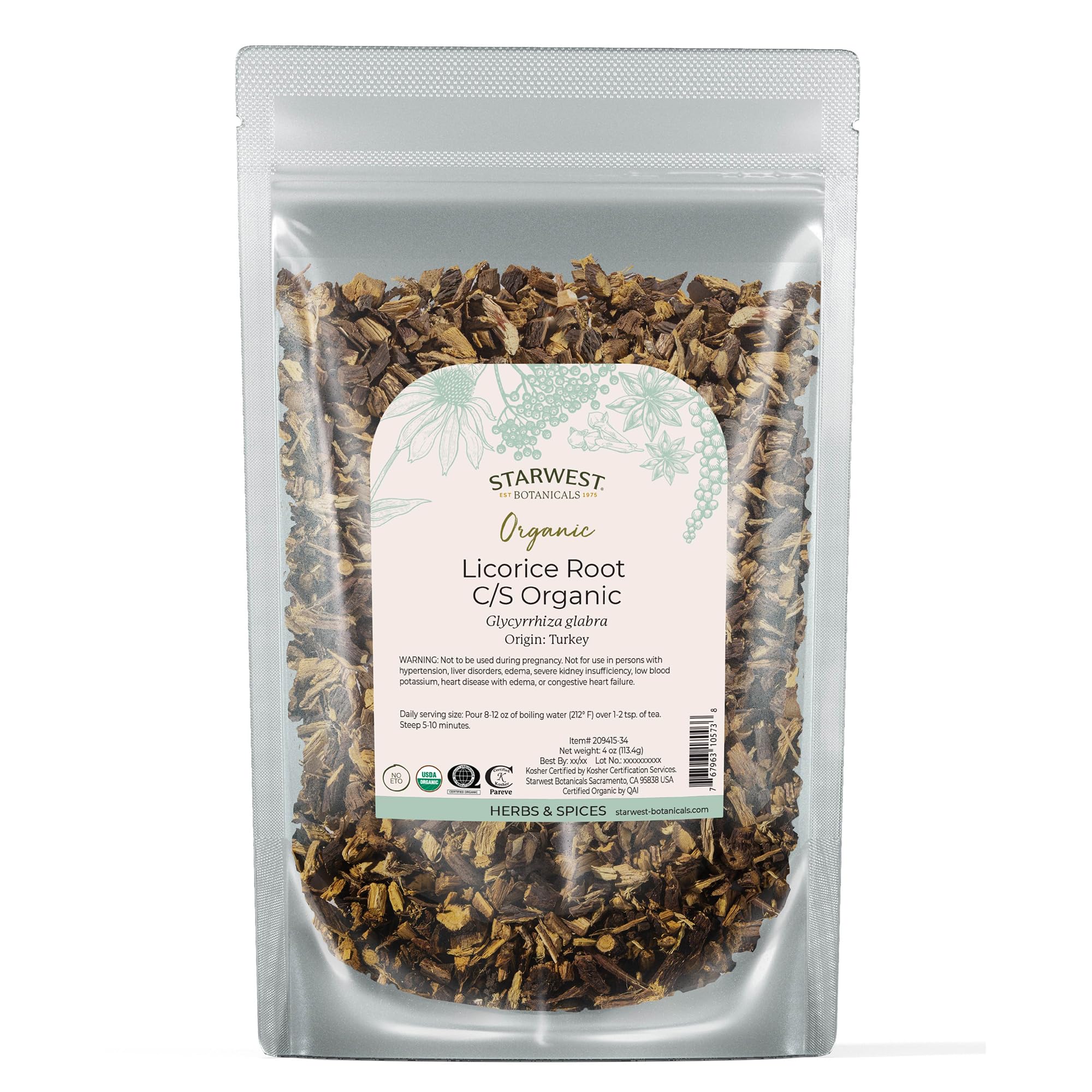 Starwest Licorice root cut and sifted bulk packaging, ideal for tea blends