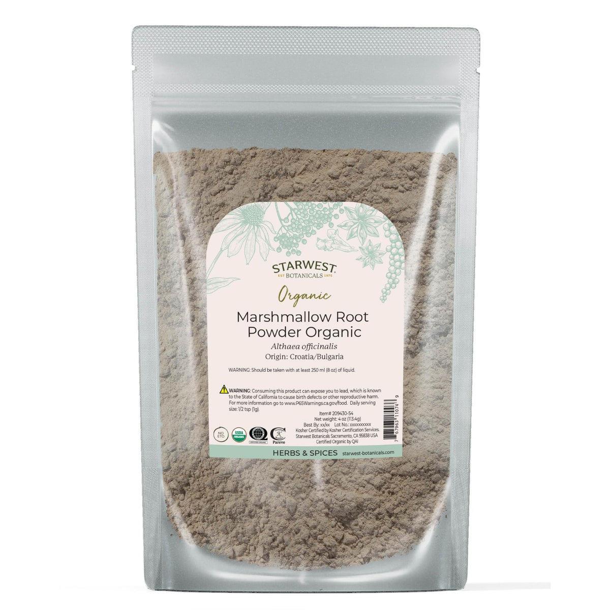 Starwest Botanicals marshmallow root powder pouch ideal for flavorful tea blends.