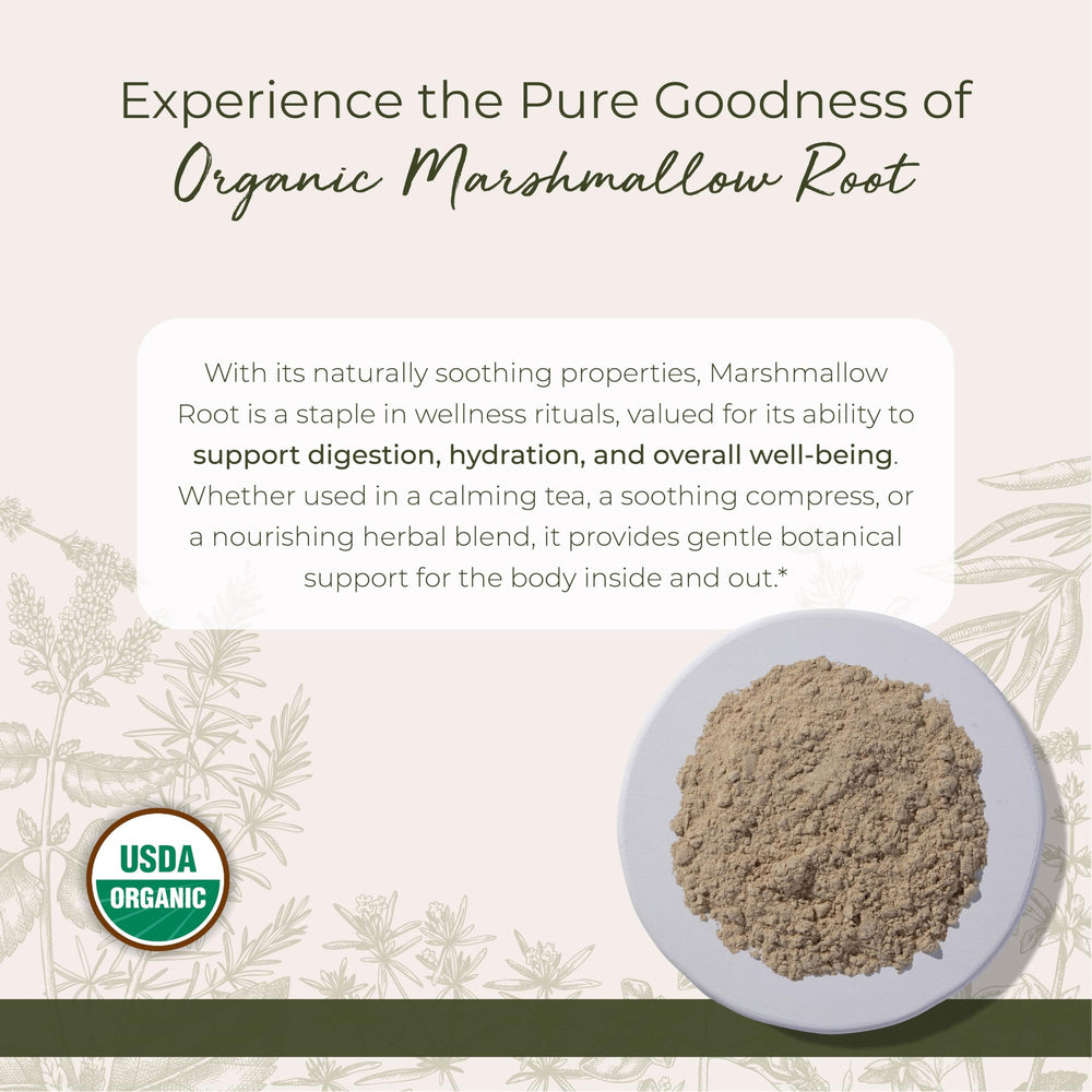 Starwest Botanicals marshmallow root powder shown for a herbal tea blend.