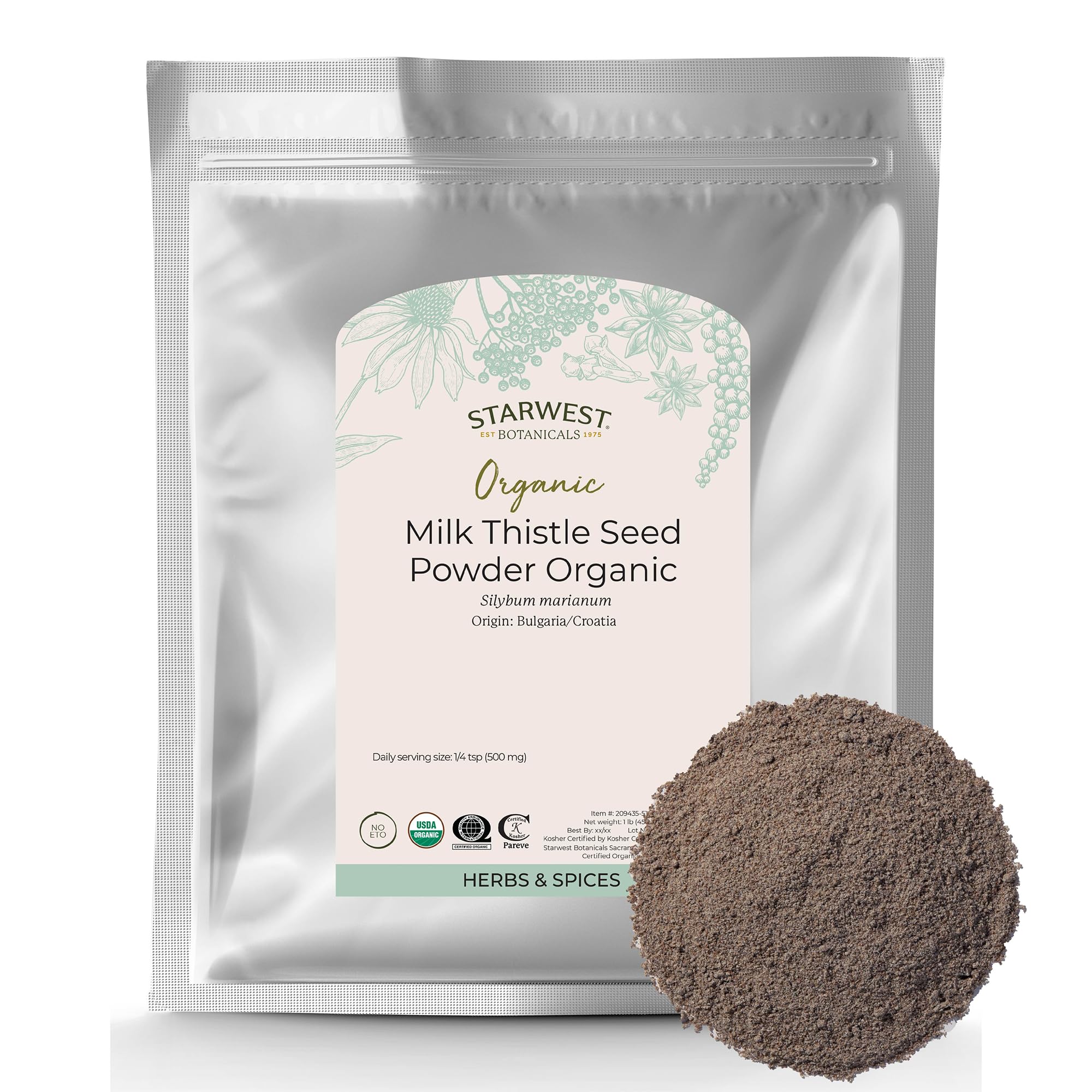 Starwest Botanicals milk thistle powder jar for tea and cooking