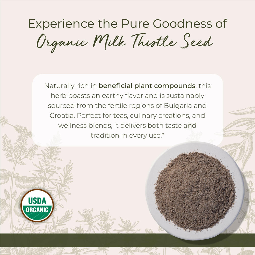 Starwest Botanicals milk thistle powder with scoop for smoothies and oatmeal