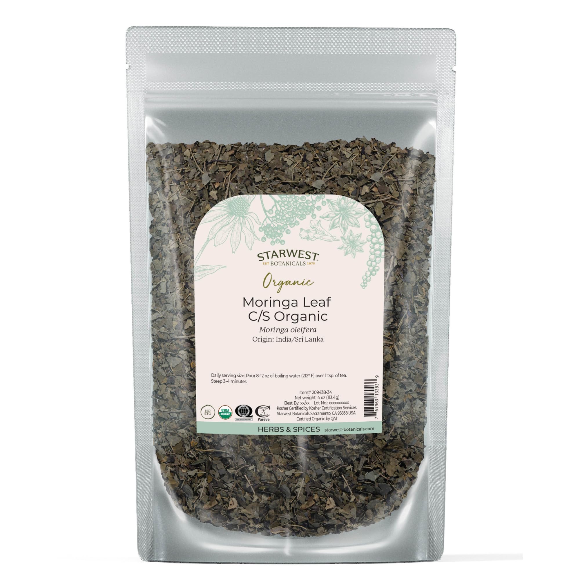 Starwest Botanicals Moringa Leaf Cut Closeup, antioxidant-rich herb for tea and smoothies.