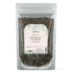 Starwest Botanicals Moringa Leaf Cut Closeup, antioxidant-rich herb for tea and smoothies.