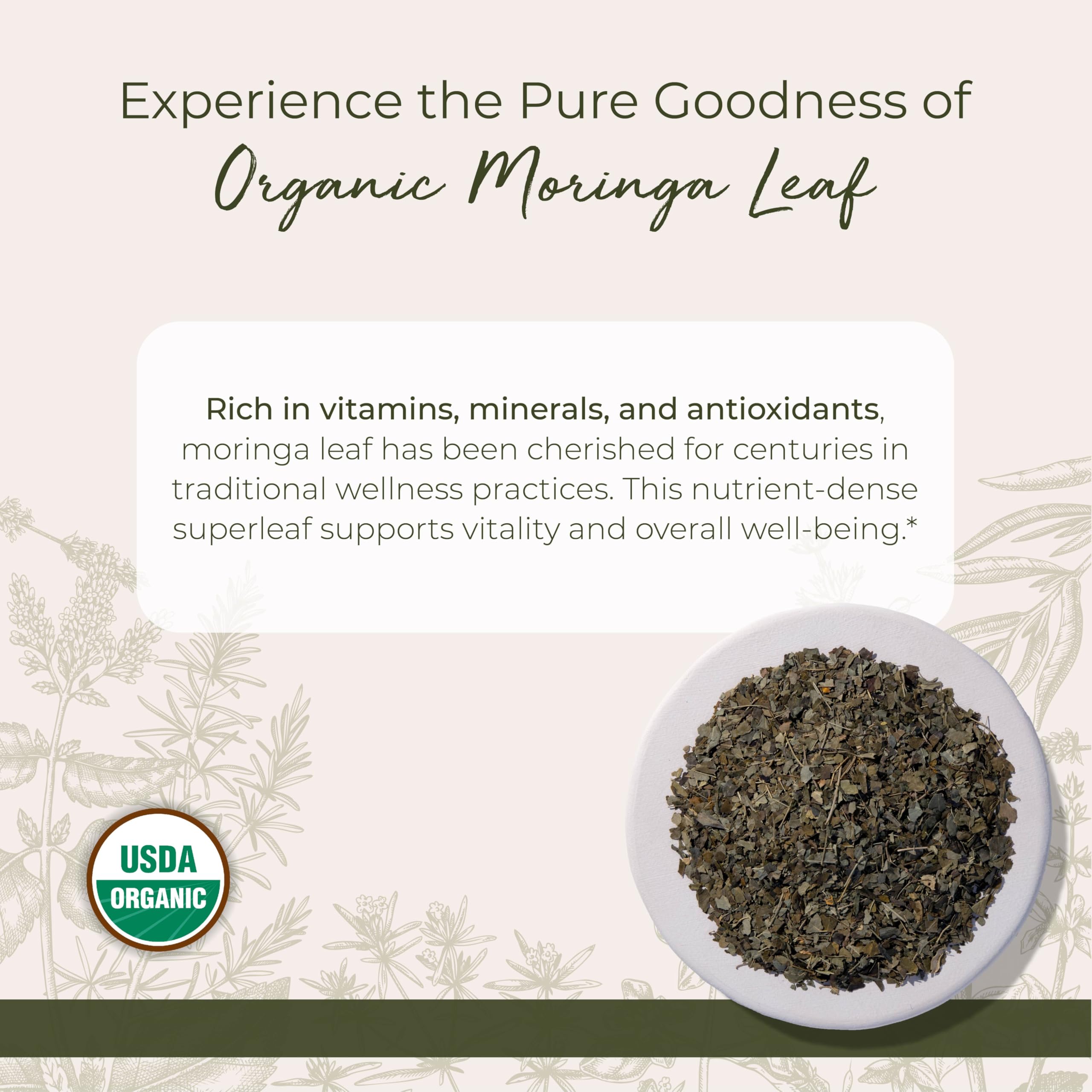 Starwest Botanicals Moringa Leaf in 4 oz pouch, convenient for home prep.