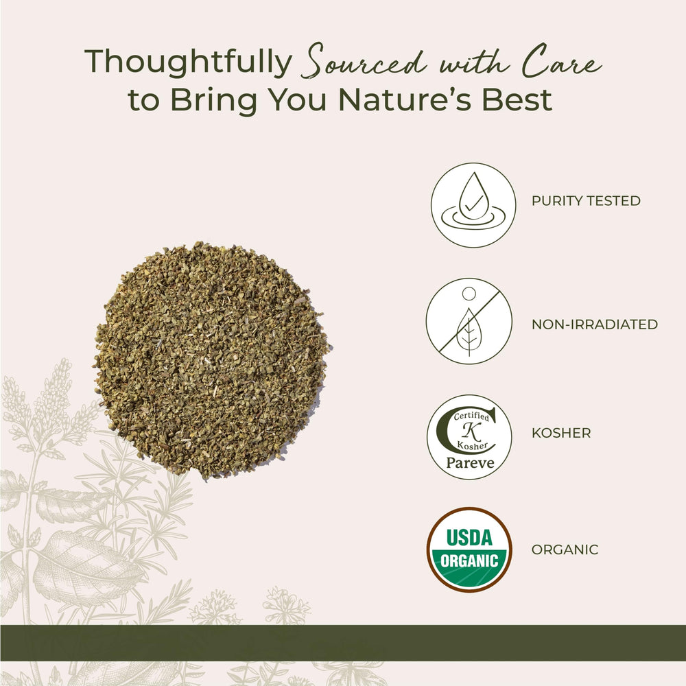 Starwest Botanicals oregano dried herb in dish ready to season sauces.