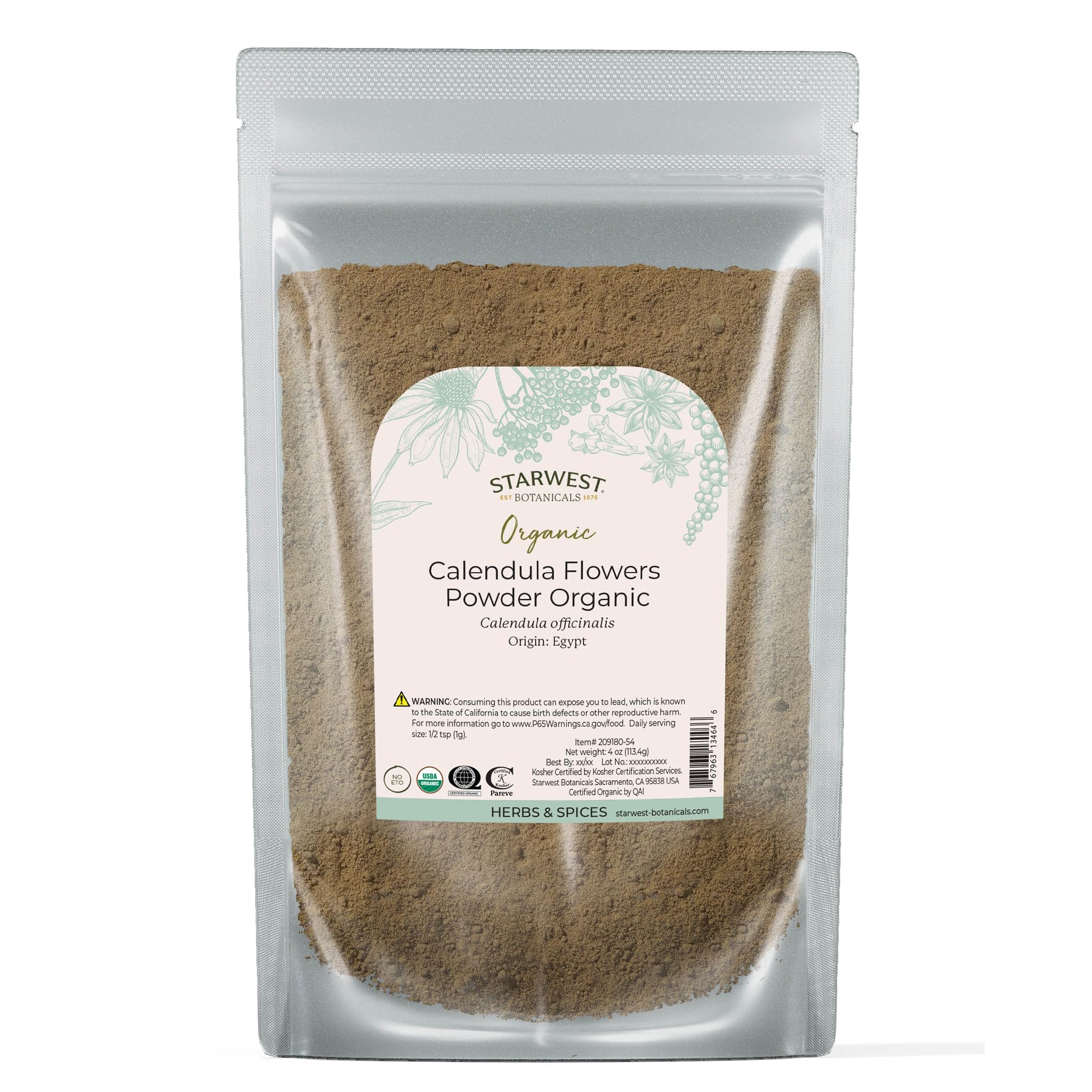 Starwest Botanicals calendula powder packaging ready for home use and tea infusions