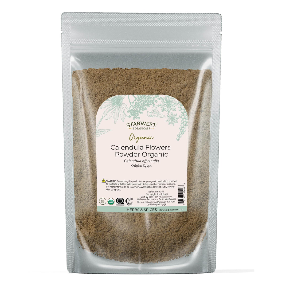 Starwest Botanicals calendula powder packaging ready for home use and tea infusions